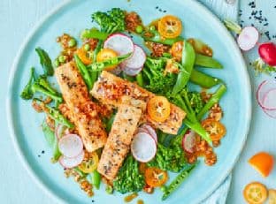 Spice-crusted tofu with kumquat radish salad