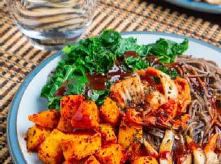 Roasted Butternut Squash, Shiitake Mushroom and Kale, Kimchi Bibimsoba