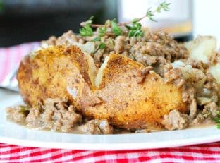 Salt Crusted Baked Potato with Thyme Ground Beef and Gravy