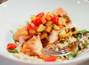 Reckless Abandon: Pan Seared Snapper with Citrus Saffron Vegetables over Arugula Orzo