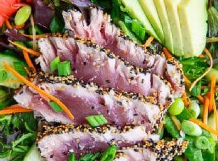 Sesame Crusted Seared Ahi Tuna 'Sushi' Salad with Wasabi Vinaigrette
